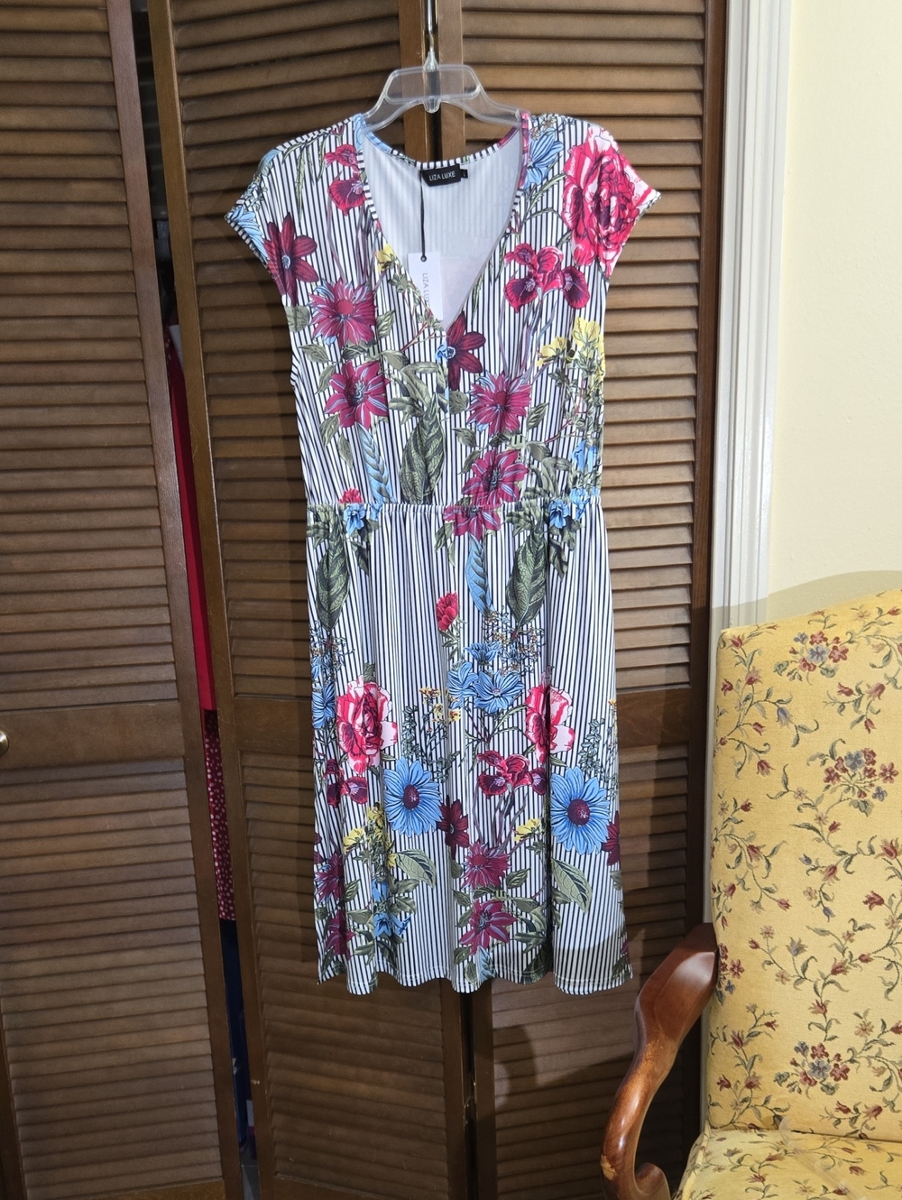 Liza Luxe Floral Stripe  Midi Dress NEW